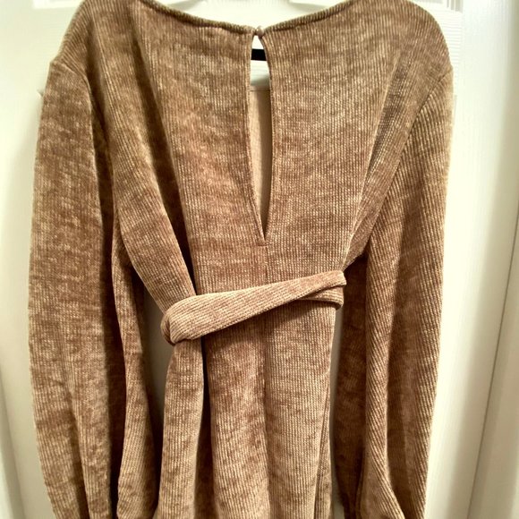 Beige Chenille Long Sleeve Dress with Belted Tie Waist from Red Dress Boutique - Picture 2 of 3